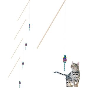 Relaxdays kattenhengel met muis, set van 5, interactief kattenspeelgoed, 106 cm lang, speelhengel voor katten, kleurrijk