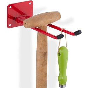 Relaxdays bezemhouder muur - 24 cm - staal - dubbele haken 25 kg - garage - tuingereedschapshouder rood