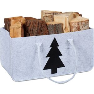 Relaxdays houtmand vilt, 28 l, vilten tas, dennenboom, voor brandhout, tijdschriften, boodschappen, lichtgrijs/zwart