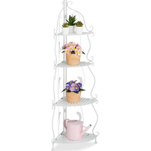Relaxdays plantenrek hoek, 4 etages, HBD: 133 x 30 x 30 cm, hoekrek, inklapbaar, bloemenrek vintage look, binnen, wit