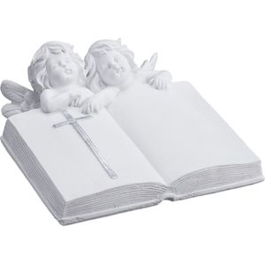 Relaxdays tuinbeeld engel met boek - kunststeen - vorstvast - 10 x 20 x 20 cm - grafdecoratie - wit
