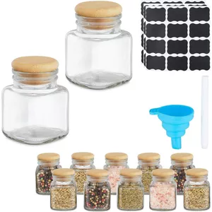 Relaxdays kruidenpotjes, set van 16, kurken deksel, glazen potjes, 100 ml, incl. etiketten, trechter, transparant/natuur