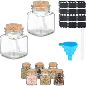 glazen kruidenpotjes - set van 8 - kurken deksel - 100 ml - met stickers - trechter