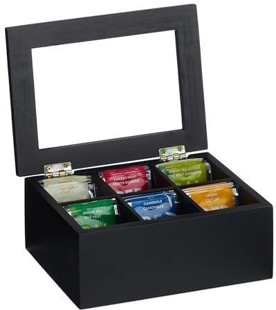 Relaxdays theedoos- 6 vaks - bamboe - 9x21,5x16 cm - met deksel - zwart