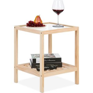 Relaxdays bijzettafel, moderne salontafel met glazen tafelblad, hout, HxBxD: 50 x 40 x 40 cm, vierkant tafeltje, natuur