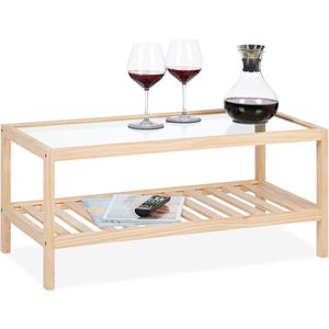 Relaxdays Salontafel met glasplaat, hout, HBT 35 x 80 x 40 cm, rechthoekige salontafel met 2 etages, naturel