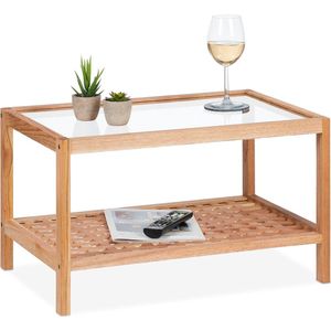 Relaxdays bijzettafel, salontafel met glazen blad, HxBxD: 35 x 60 x 40 cm, nachttafel walnotenhout, koffietafel, natuur