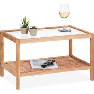 Relaxdays Bijzettafel met glazen plank, 35 x 60 x 40 cm, opbergtafel van natuurlijk notenhout