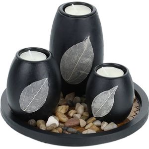 Relaxdays - Waxinelichthouders Set - Zwart - Inclusief Plateau en Siersteentjes