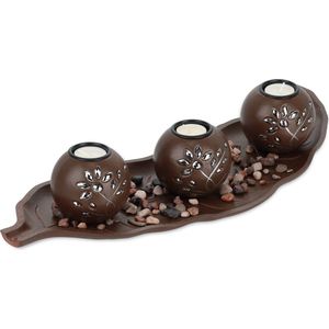 Relaxdays theelichthouders met plateau & stenen, 50,5 cm lang, tafeldecoratie woonkamer, ronde waxinelichthouders, bruin