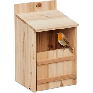 Relaxdays nestkast halfopen, met klep, voor halfholenbroeders, H x B: 10 x 19,5 cm, vogelhuis om op te hangen, natuur