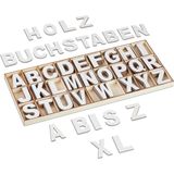 Relaxdays - Holzbuchstaben Set, 208-tlg., Großbuchstaben a-z, Deko-Buchstaben zum Basteln & Bemalen, mit Box, weiß