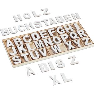 Relaxdays 208 stuks houten letters, hoofdletters A tot Z, decoratie om te knutselen en te schilderen, met doos, wit