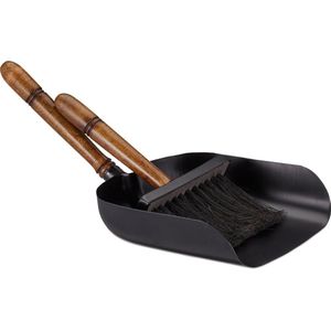 Relaxdays stoffer en blik - open haard - handveger en blik - houten handgreep - metaal