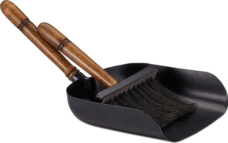 Relaxdays stoffer en blik - open haard - handveger en blik - houten handgreep - metaal