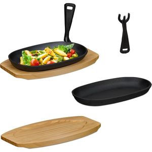 serveerpan - set van 2 - gietijzer - met houten onderzetter - bbq