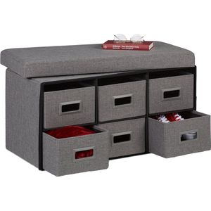 Relaxdays - Sitzbank mit Schubladen, 6 Schubfächer, Sitzpolster, HxBxT: 39 x 75,5 x 37 cm, Flur, faltbare Sitztruhe, grau