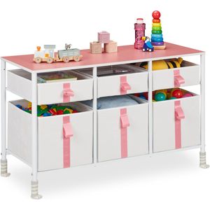 Relaxdays speelgoedkast, 6 stoffen lades, HxBxD: 61,5 x 100 x 40,5 cm, ladekast kinderkamer, metalen frame, wit/roze