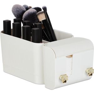 Relaxdays make-up organizer, 4 vakken en 2 haakjes, zelfklevende wattenschijfjeshouder, ophangen, kunststof, wit/goud