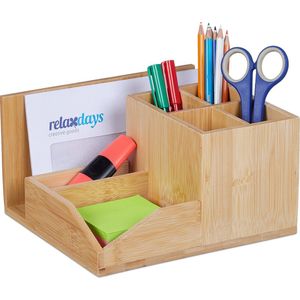 Relaxdays Bureau-organizer van bamboe, 7 vakken, voor pennen, documenten, H x B x D: 11 x 21 x 19 cm, pennenhouder, naturel