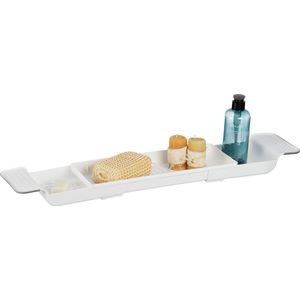 Relaxdays badplank, uitschuifbaar 55,5-78 cm, kunststof, met gaten voor waterafvoer, antislip, badrekje badkuip, wit