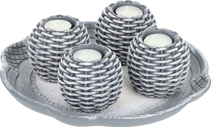 Relaxdays theelichthouders met plateau - 4 kaarsjeshouders met schaaltje - decoratief zand