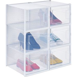 Relaxdays schoenenbox kunststof - set van 6 - schoenen organizer - tot maat 48 - groot