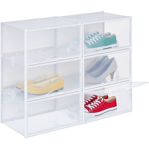 Relaxdays schoenenbox transparant - set van 6 - sneakerbox - tot schoenmaat 48 - kunststof