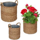 Relaxdays plantenmand met zinken pot, set van 3, versch. groottes, zeegras bloempot, tuin & balkon, plantenpot, natuur