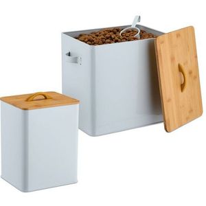 Voercontainer Set van 2 - Wit/Natuur - IJzer/Bamboe/Kunststof