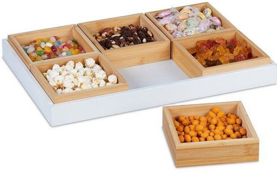 Relaxdays - Snackschalen Set, mit Serviertablett, Bambus, 6 Schälchen, Chips, Nüsse & Süßigkeiten, Servierset, natur/weiß