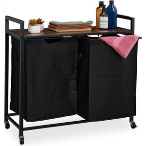 Relaxdays dubbele wasmand - op wielen - 2 uitschuifbare vakken - industrieel design - zwart-bruin