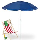 Relaxdays parasol, Ø 160 cm, kantelbaar, verstelbaar, UV-bescherming, strandparasol, tuin, balkon, met draagtas, blauw