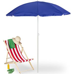 Relaxdays parasol, Ø 160 cm, kantelbaar, verstelbaar in de hoogte, uv-bescherming, strandparasol met draagtas, blauw