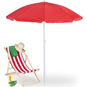 Relaxdays parasol, Ø 160 cm, kantelbaar, uv-bescherming, strandparasol met draagtas, voor strand, balkon & meer, rood