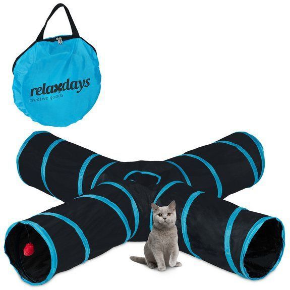 Relaxdays Katzentunnel faltbar, 4 Wege, Spielzeug, interaktive Katzenröhre, HBT: ca. 25x130x125 cm, Tunnel, schwarz/blau