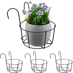 Relaxdays bloempothouder, set van 4, balkon, metaal, HxBxD: 21x20x26 cm, plantenhouder, bloempothanger, schutting, zwart