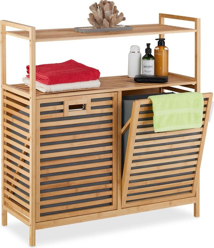 Dubbele Wasmand - Bamboe - 2 Vakken - Kantelbaar - 40 Liter per Vak - Op Poten