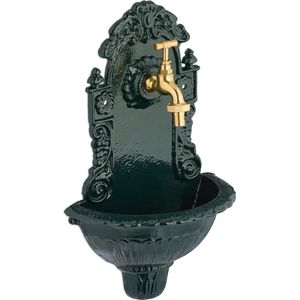 Relaxdays muurfontein met kraan - 40 x 24,5 x 15 cm - antiek - met wasbak - gegoten aluminium - groen-goud
