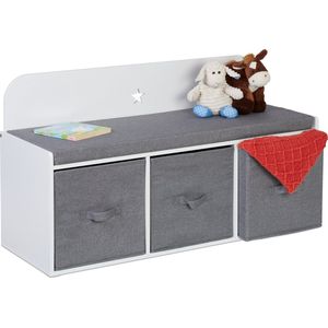 Relaxdays speelgoedkist met deksel, rugleuning, HxBxD: 55x57x31 cm, voor boeken, opbergkist speelgoed, wit-natuur