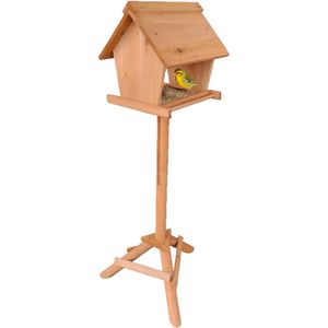 Relaxdays vogelvoederhuisje op voet, van hout, voor tuinvogels, HxBxD: 139 x 70 x 60 cm, weerbestendig dak, bruin/groen