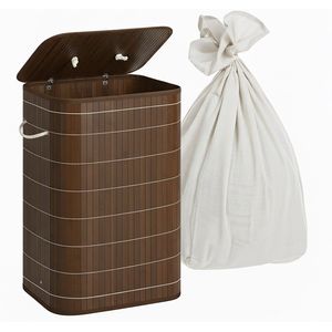 COSTWAY 2 in 1 Badkamerplank & wasmand, hoge kast voor badkamer van bamboe met 3 planken, waskast met uitneembare waszak & handvat, badkamerkast voor badkamer slaapkamer wasruimte, natuur