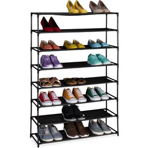 Relaxdays schoenenrek, met 8 lagen, opbergrek schoenen, metaal en stof, voor de hal, slaapkamer, schoenenmeubel, zwart