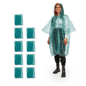 Relaxdays regenponcho - set van 10 - poncho - met capuchon - regenkleding - cape - groen