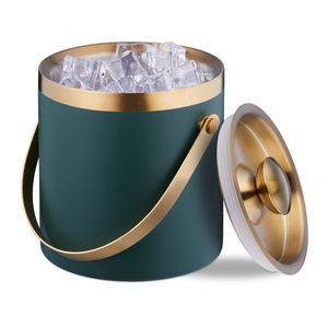 Relaxdays ijsemmer, rvs, dubbelwandig, met deksel en hengsel, groot, 1,5 liter, metalen ijsblokjesemmer, groen/goud