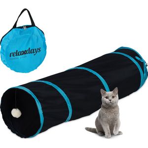 Relaxdays Opvouwbare tunnel voor katten, LxD: ca. 88 x 25 cm, met pompon, interactief speelgoed, konijn, zwart