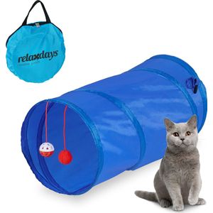 Relaxdays kattentunnel, opvouwbaar, pop-up, BxD: ca. 48x26 cm, speeltunnel met speelgoed & tas, interactief, blauw