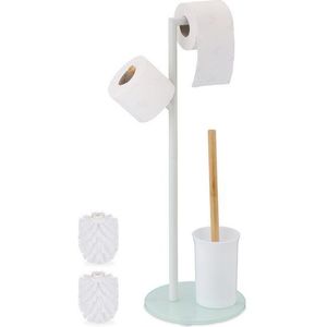 Relaxdays toiletaccessoires set - 64 x 27 x 22 cm - rvs - staande wc-rolhouder & toiletborstel - wit