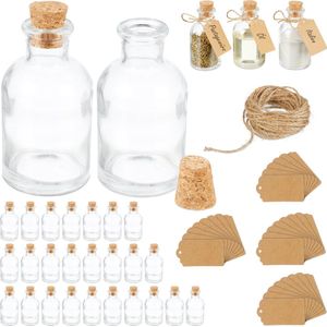 glazen flesjes set van 30 - kurk - etiketten - mini - met dop - 60 ml - olieflesjes