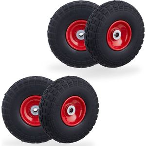 Relaxdays Set van 4 steekwagenwielen, lekvrije massieve banden, 4,10/3,50-4 inch, stalen velg, tot 150 kg, 260 x 85 mm, zwart/rood